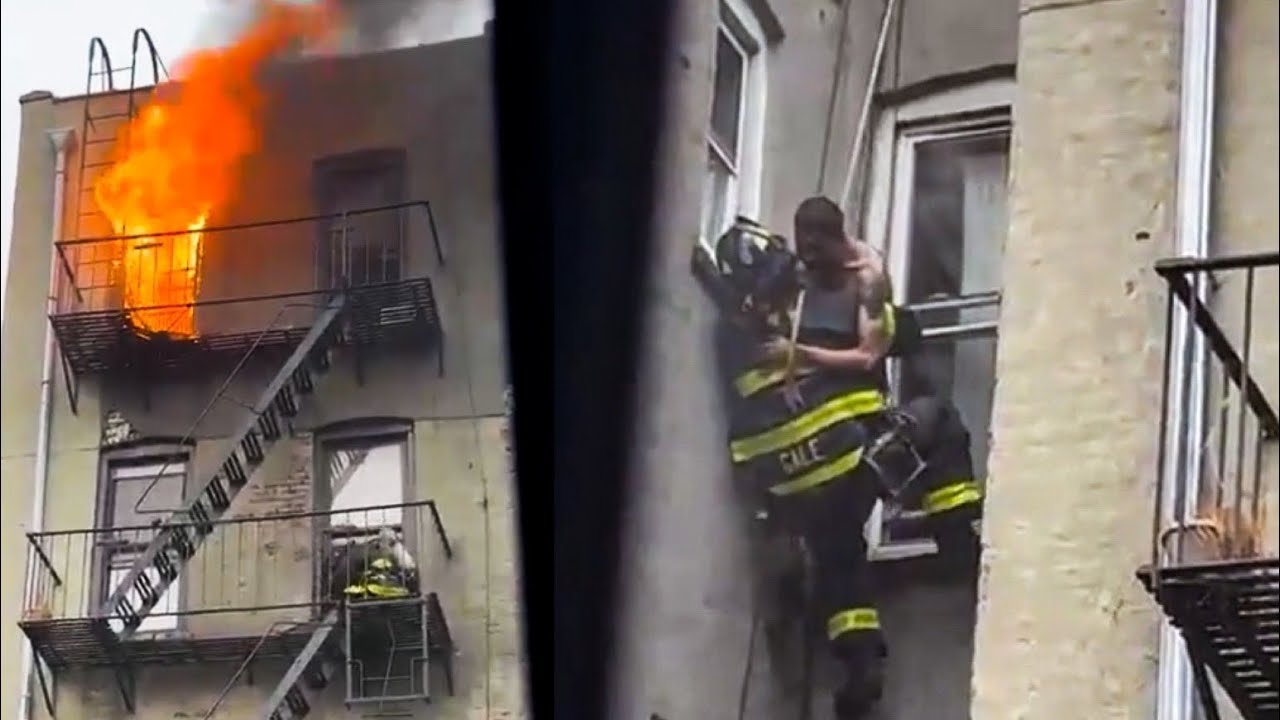 **ГЕРОИЧЕСКОЕ СПАСЕНИЕ ПОЖАРНОЙ КОМАНДЫ ПО КРЫШЕ С ПОМОЩЬЮ ВЕРЕВКИ!** Пожарный спасает человека и...