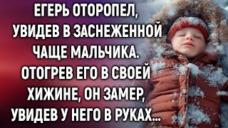 Егерь оторопел, увидев в заснеженной чаще мальчика. Отогрев его в своей хижине, он замер, увидев