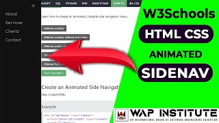 W3Schools - how to create an animated side navigation | sidenav ovelay | sidenav push in hindi