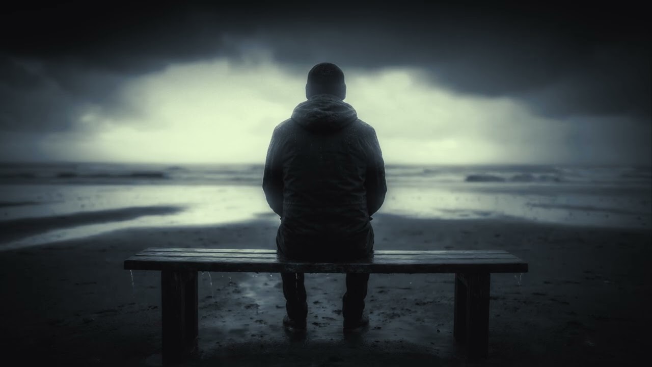 Enjoy 2 hours of a seamless, high-quality loop of a man sitting by the stormy sea in the rain.