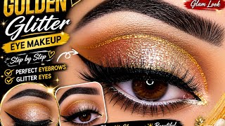 Golden Glitter Eye Makeup Tutorial ✨ | Perfect Eyebrows Step by Step | Glam Eye Makeup Look