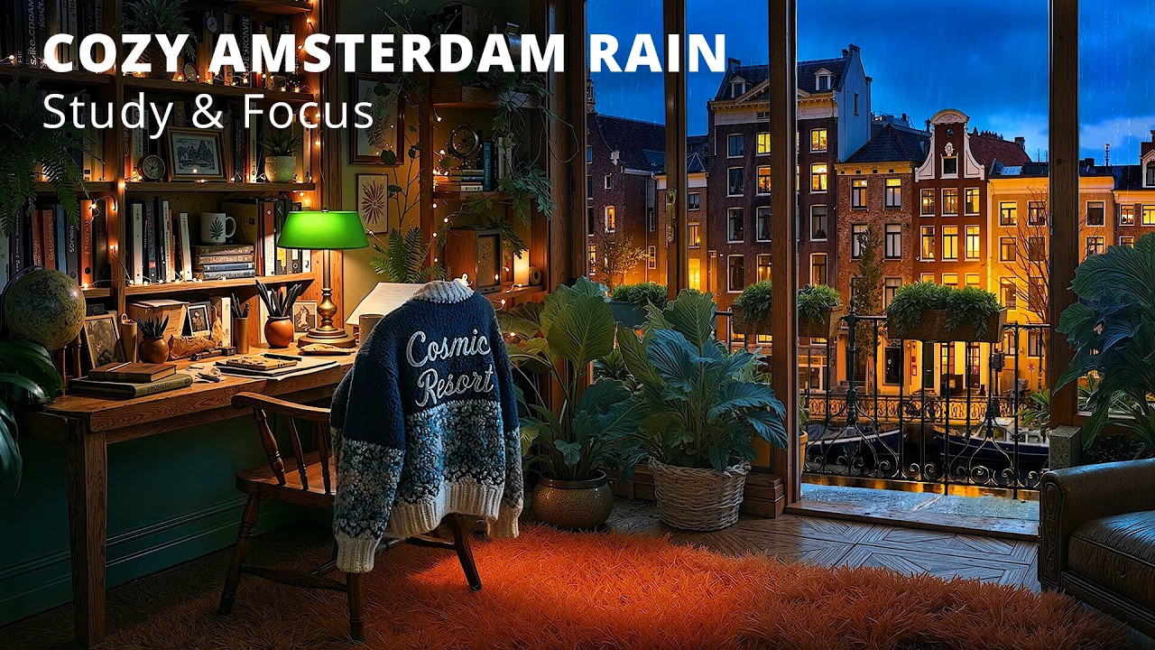 Cozy Study Room Rain in Amsterdam ☕🌧️ Street View & Thunder for Focus and Relaxation