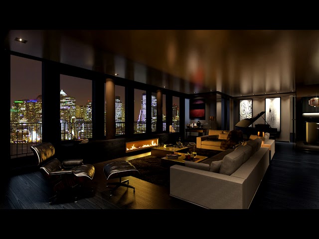 HD Penthouse Apartment Fireplace Screensaver - City Lights at