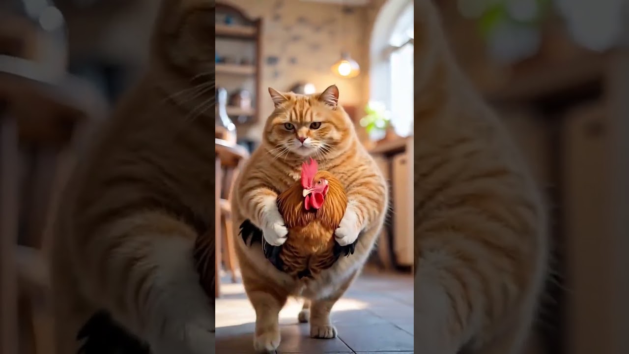 AI cat shower with hen  