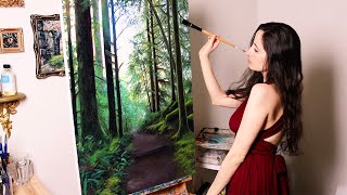 I painted a lush green forest landscape | Oil Painting Time Lapse