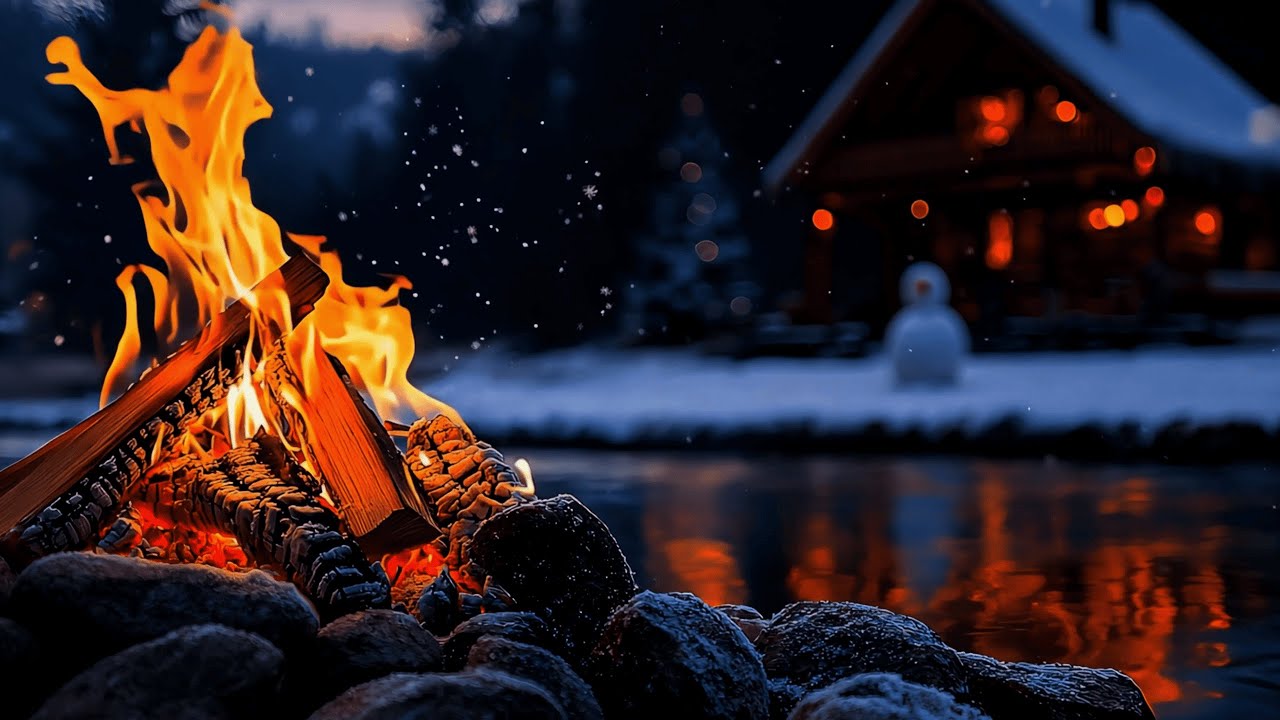 Drift Into Sleep in a Snowy Forest ❄️ Crackling Fire & Gentle River Ambience 4K