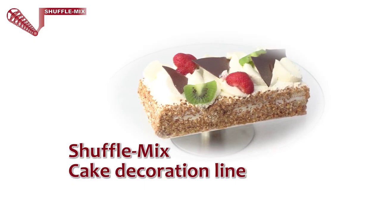 Shuffle-Mix Cake decoration line containing top decoration, cream and chopped nuts masking