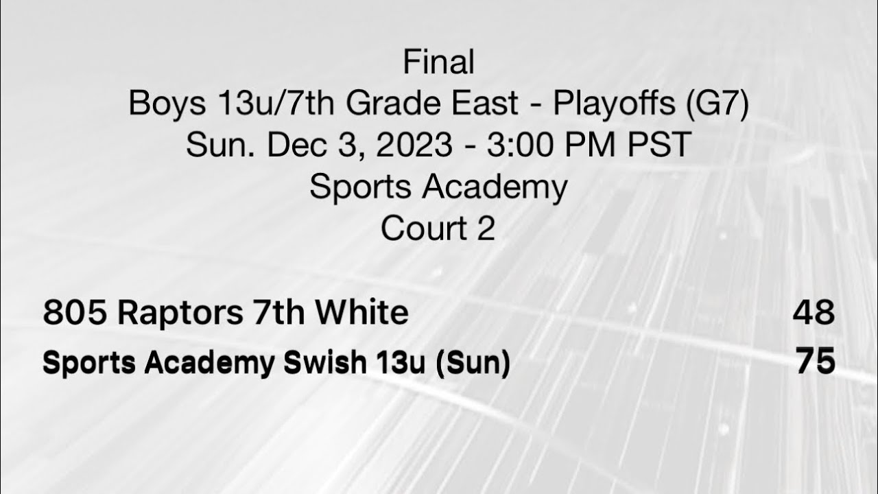 Sports Academy Swish 13u (74) vs 805 Raptors 7th White (48). December 3