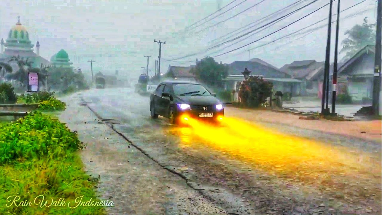 Heavy Rain Walk in Rural Sumatra Indonesia 🇮🇩 | Real Traffic, Motorcycles, Street Life ASMR