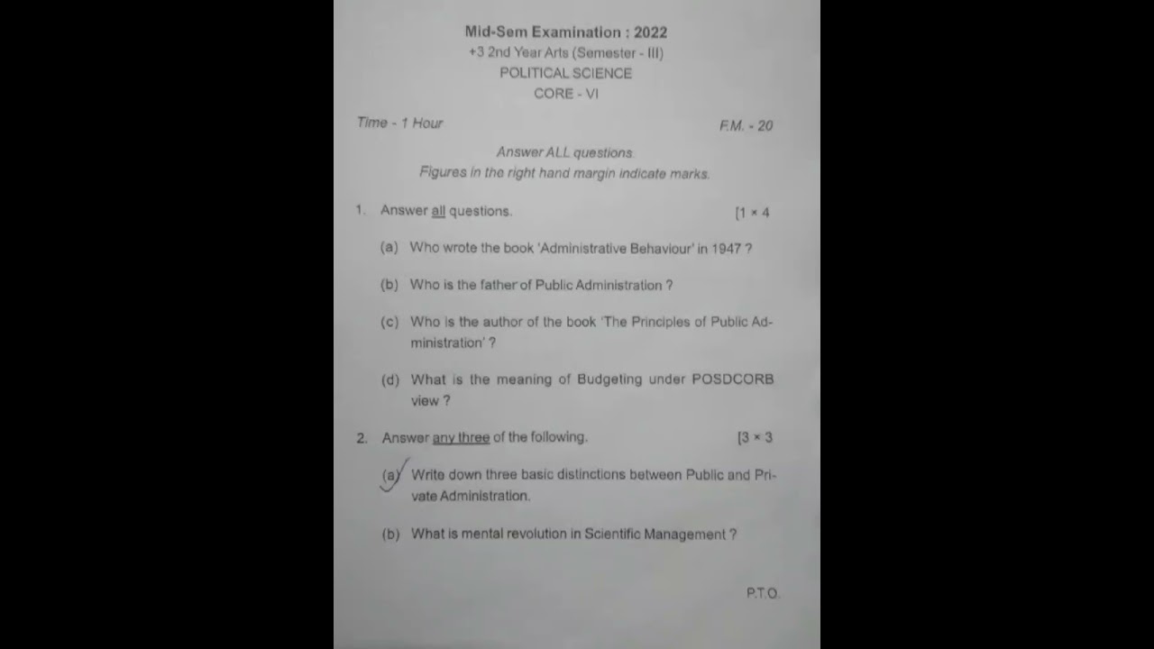 3rd semester political science.  public administration. mid semester question paper
