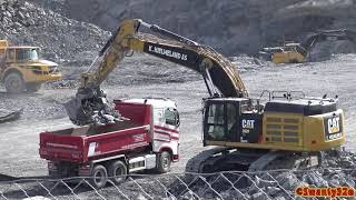 4K| CAT 352F XE Loading Volvo & Scania Dump Trucks