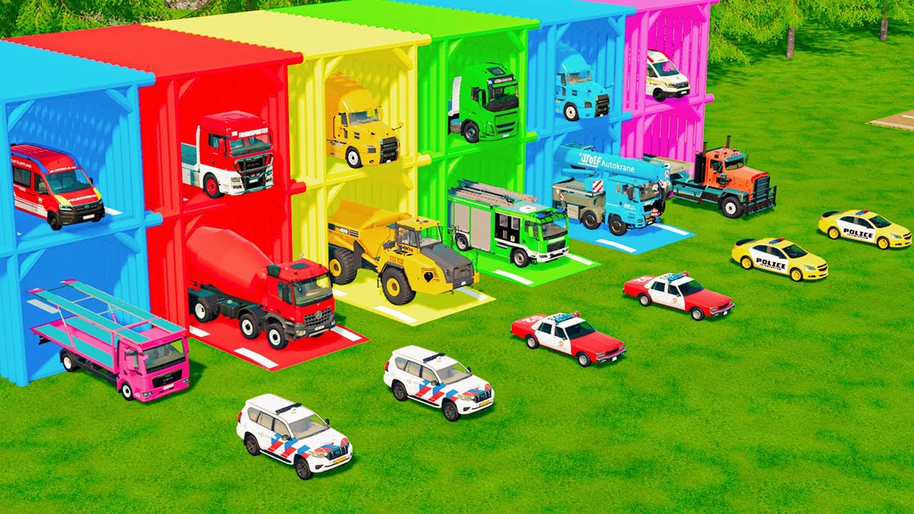 ALL POLICE & EMERGENCY TRUCKS, EXCAVATOR and CONCRETE MIXER TRANSPORT to GARAGE | FS22