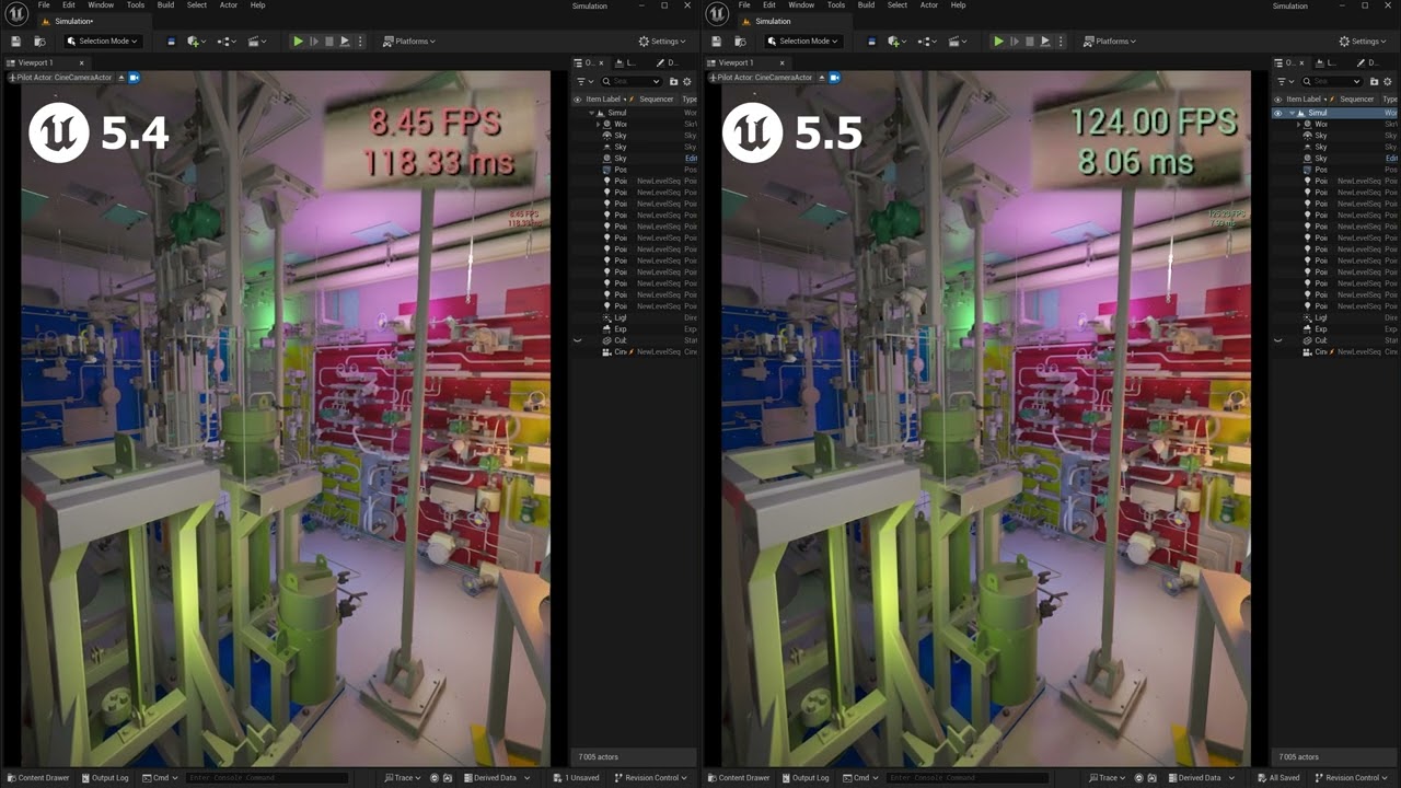 Megalights framerate drop comparison in SKYREAL