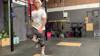 Running Drill (Pose) Forward lunge w/ exaggerated foot pull one side.