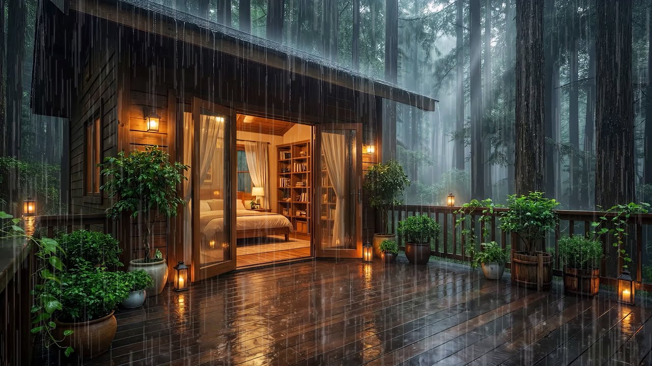 Pouring Rain in a Misty Blue Forest 🌧️ | Loud Rain on Wood for Focus & Sleep