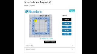 AI Solve Daily Numbrix 9 Puzzle: 8/16/2024 (ASMR)