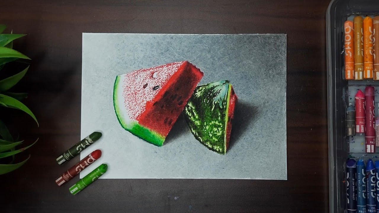 How to draw watermelon slice with oil pastel 🍉 3D drawing with oil pastel 🔴 Canvas Art