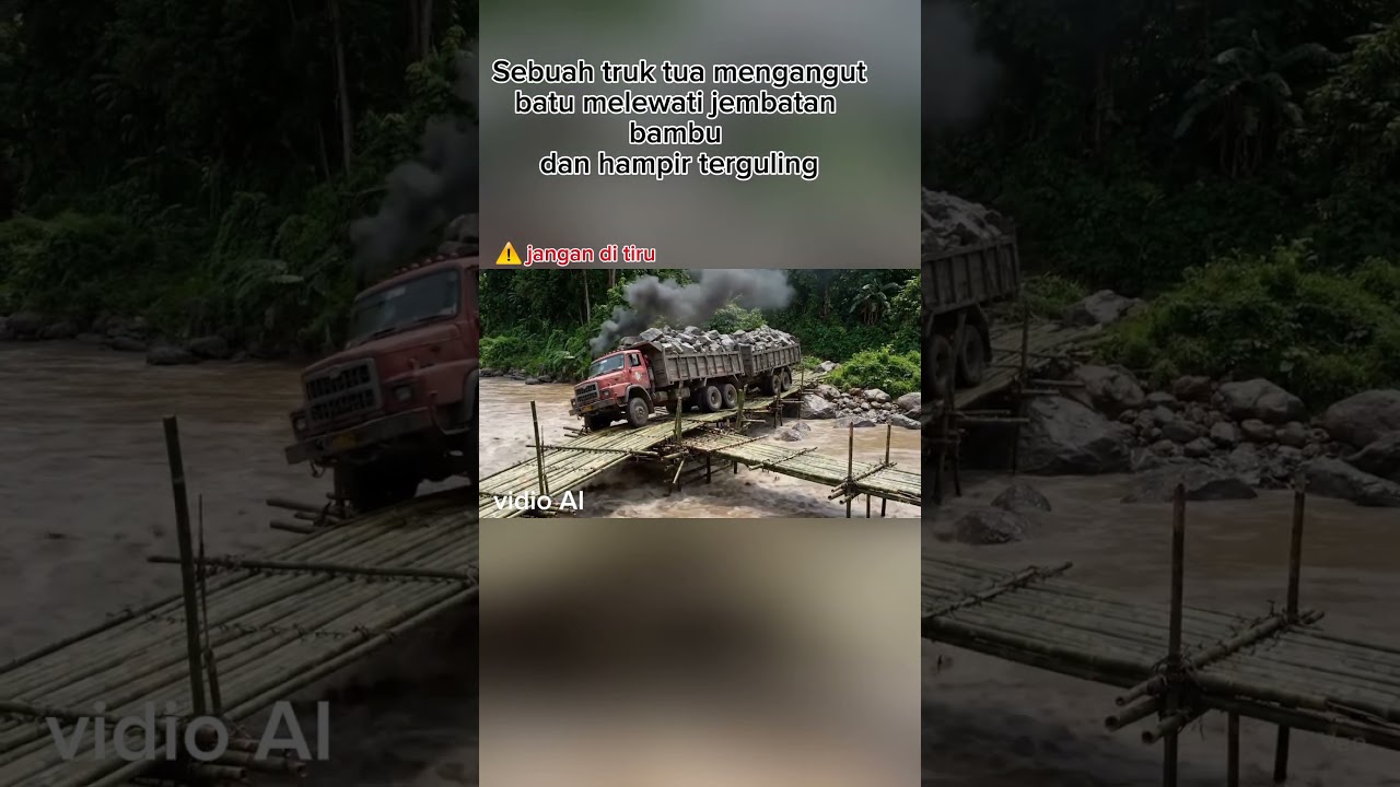 Old Truck Overloaded with Stones Nearly Falls from Bamboo Bridge | AI Generated Video