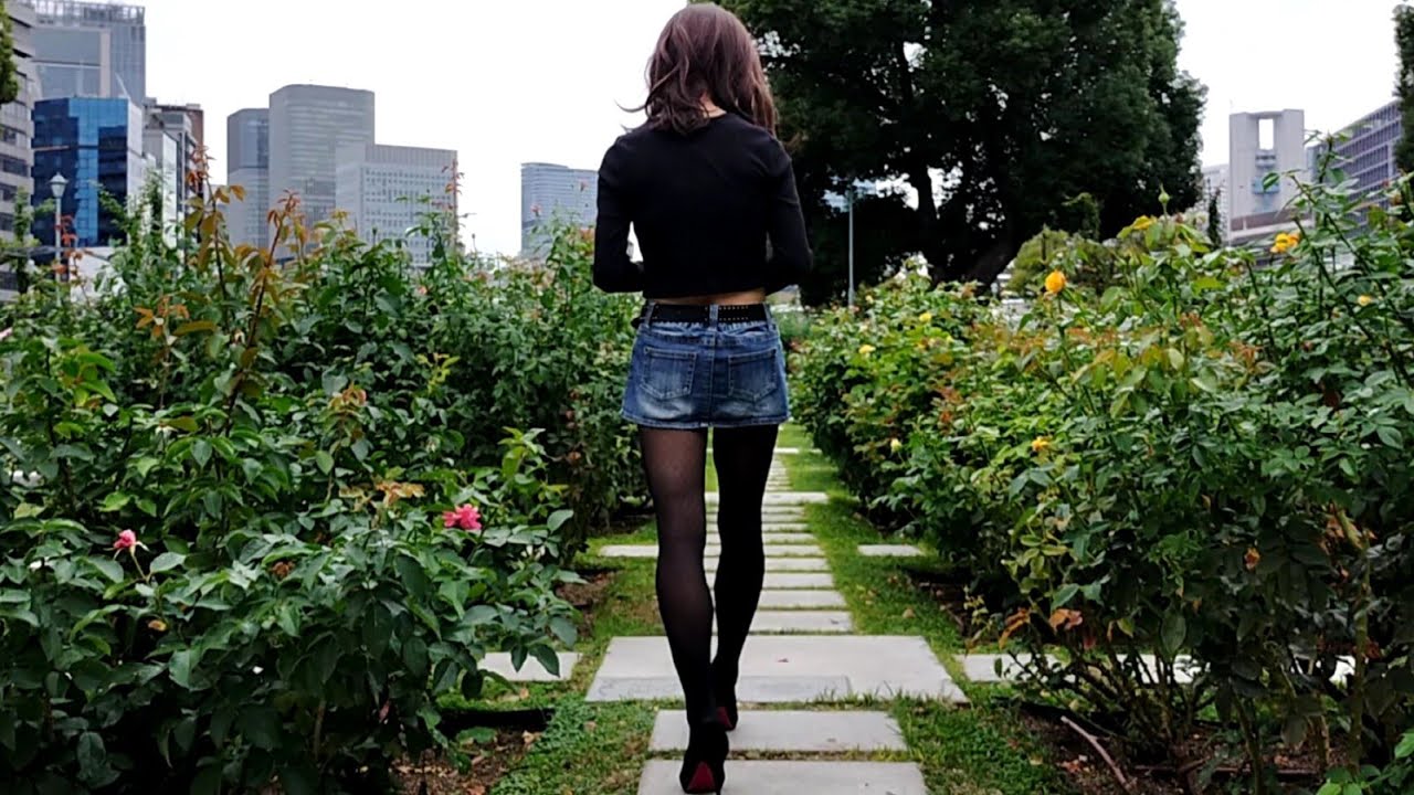 Crossdresser Walking, Denim skirt and Crop top