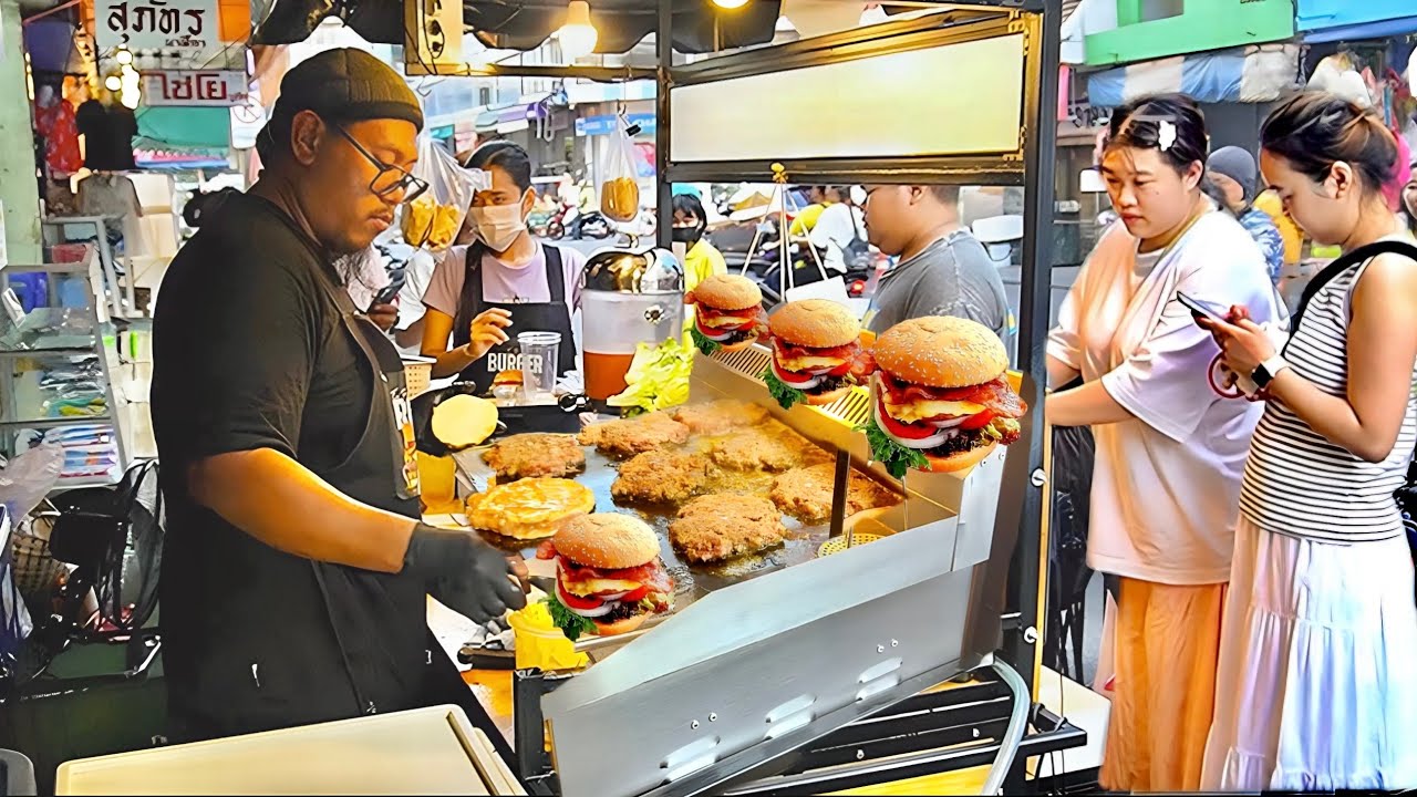 Длинная очередь перед открытием! Бургеры из говядины и курицы, приготовленные тайским шеф-поваром