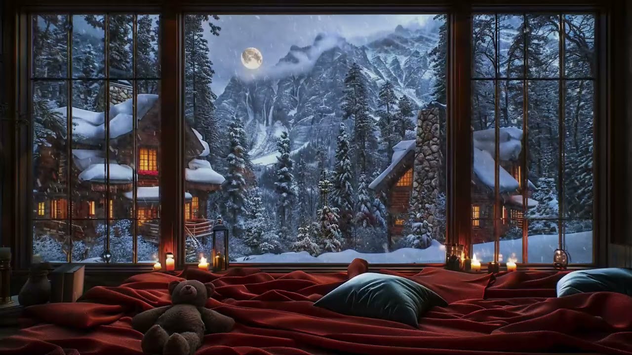 Calm Winter Room ASMR: Snow Outside the Window with Soft Wind and Fireplace Sounds