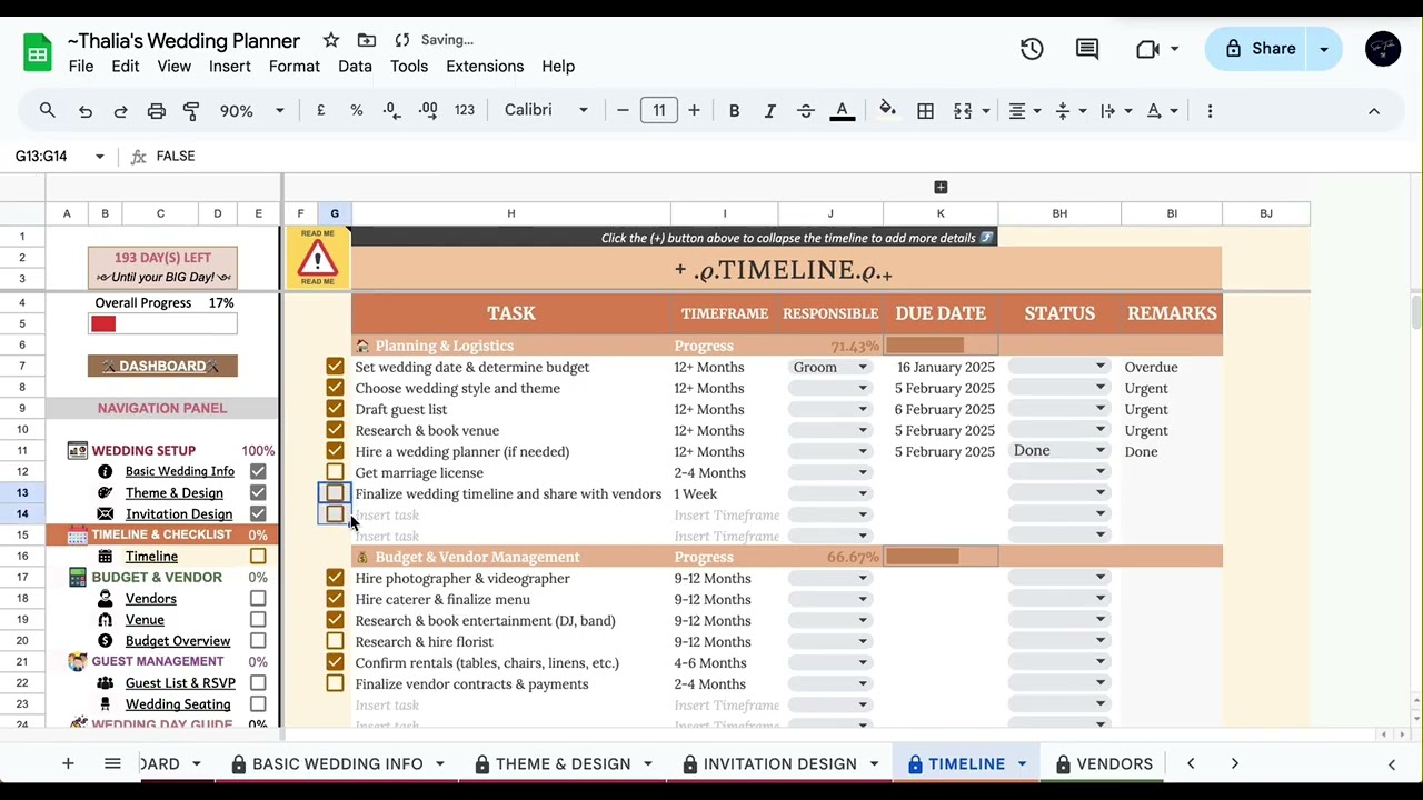 Thalia’s Wedding Planning Template | Timeline | Stay on Track with Your Wedding Planning Tasks