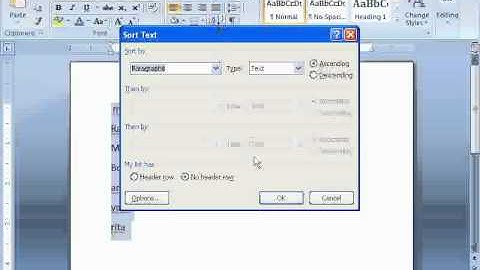 alphabetical order of data in Ms word