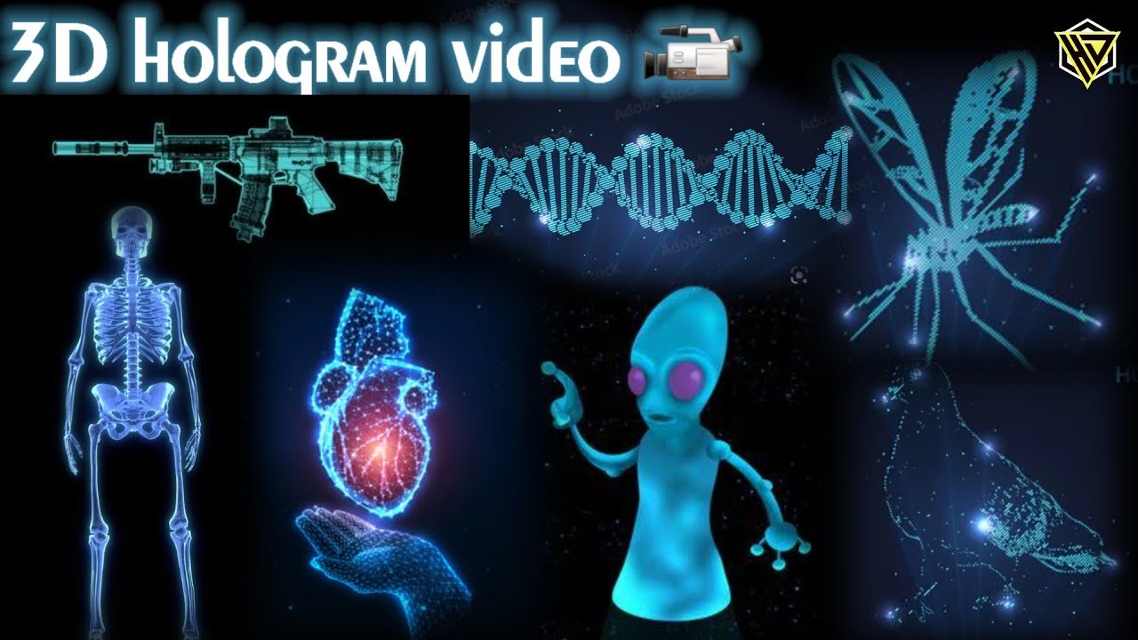 3D hologram video of skeleton , human hurt pumping ,DNA ,mosquito, elean, gun , pigeon bird
