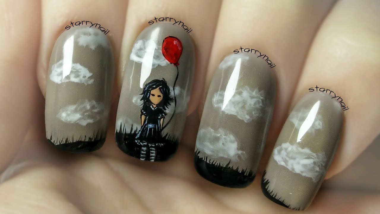 Girl with a balloon ⎮ Freehand Nail Art Tutorial YouTube