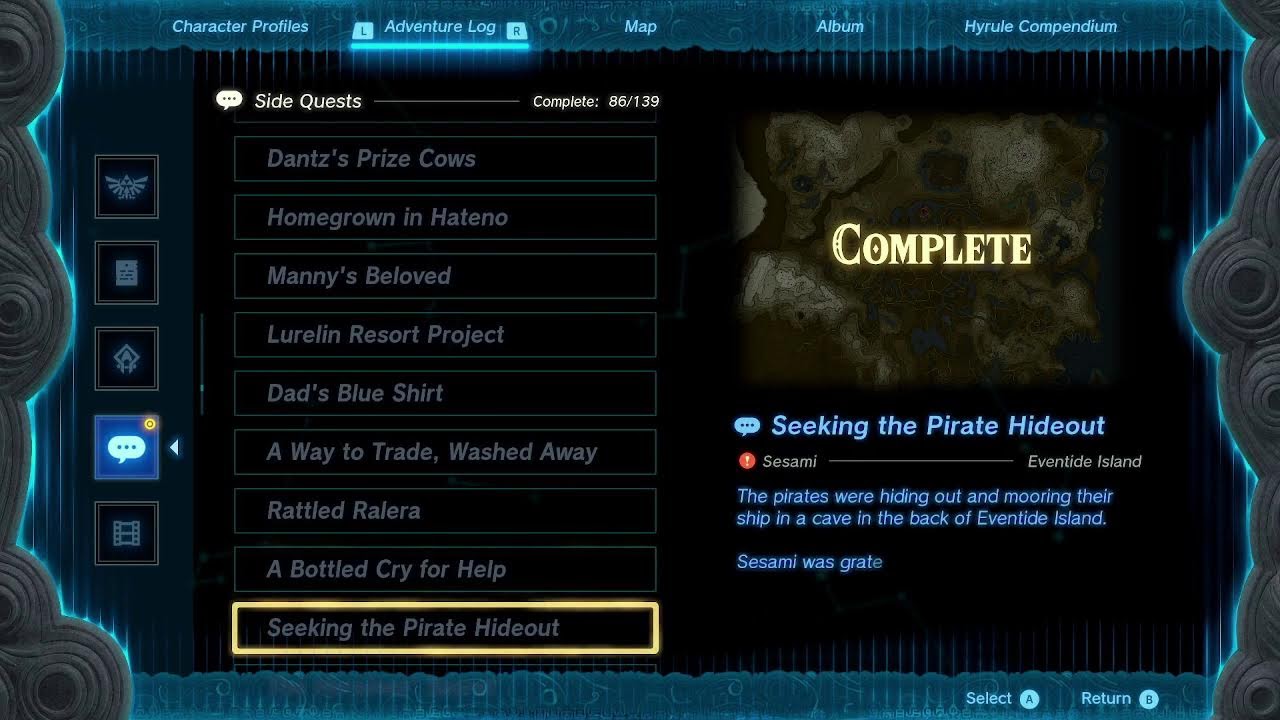 Zelda TOTK Map Tears of the Kingdom Livestream Character Profiles Adventure Log Walkthrough Switch