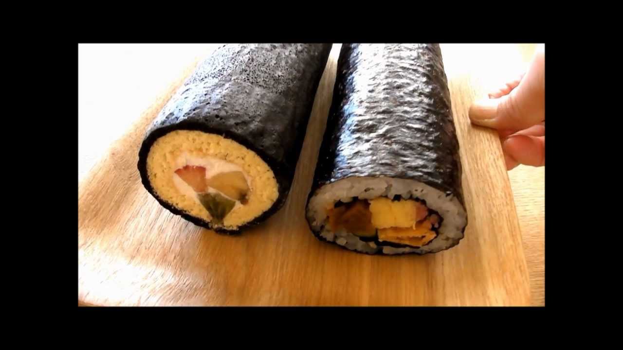 Trick Recipes: Eho Maki Sushi Swiss Roll Cake Setubun Norimaki 恵方巻き 巻き寿司 ロールケーキ | MosoGourmet 妄想グルメ