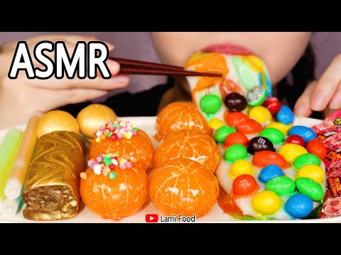 ORANGE FOOD ASMR TANGHULU M&M'S EATING SOUNDS | 주황색 디저트 | 咀嚼音 | オレンジキャンディー