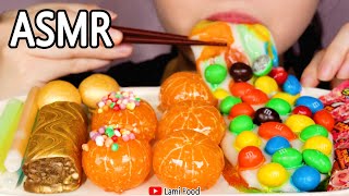 ORANGE FOOD ASMR TANGHULU M&M'S EATING SOUNDS | 주황색 디저트 | 咀嚼音 | オレンジキャンディー