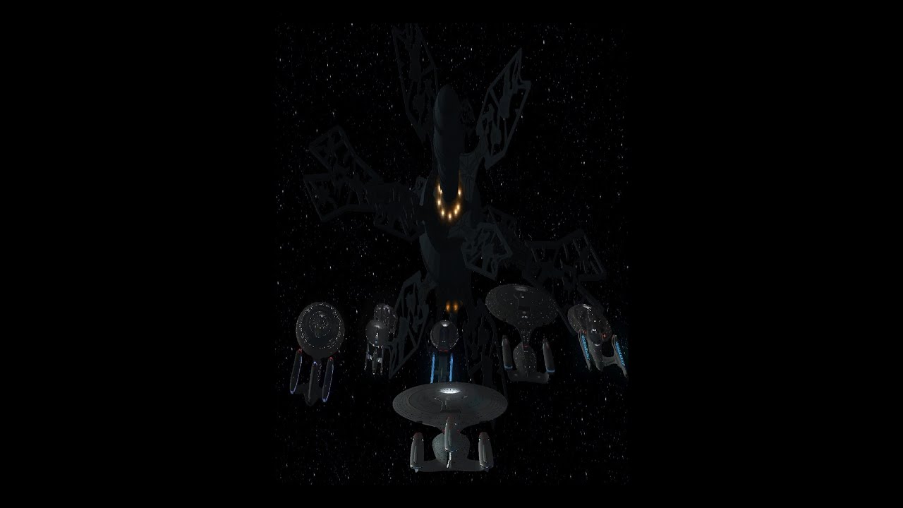 Galaxy X Battles Caretaker Array with 6 other ships