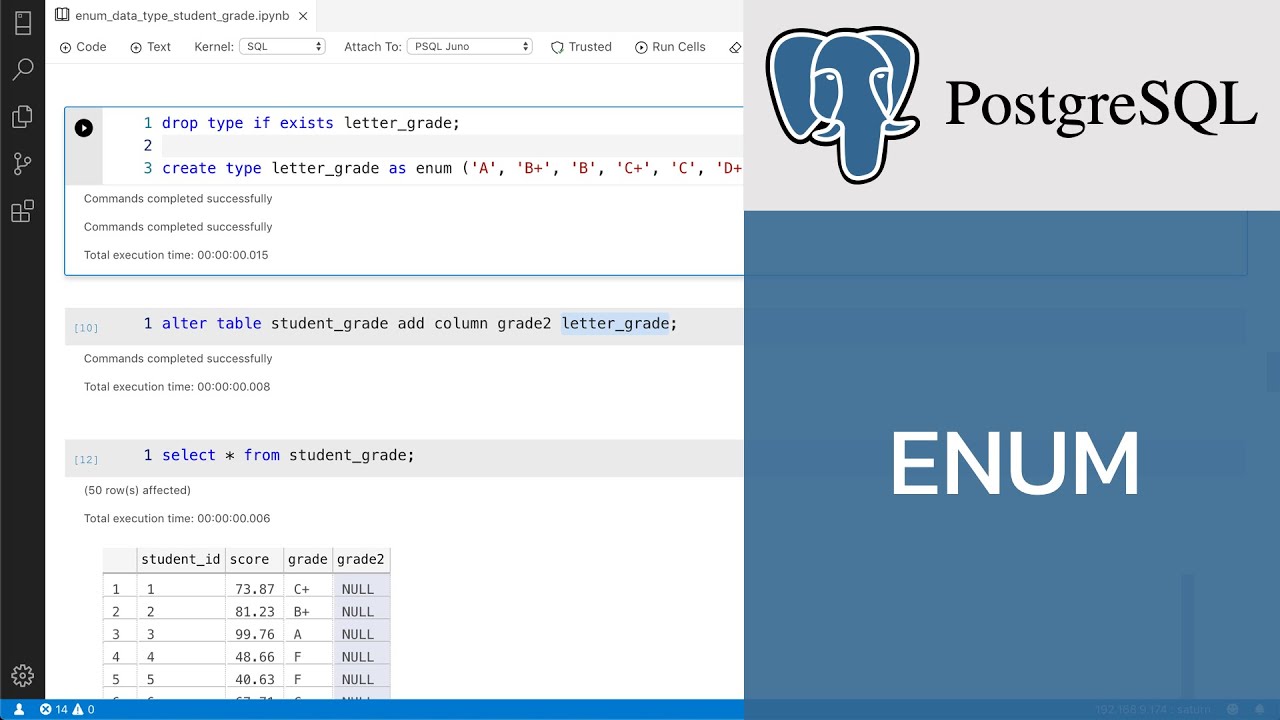 enum คือ  New  สอน PostgreSQL: การใช้ enumerated type (enum) เพื่อเก็บและเรียงข้อมูลตามลำดับที่กำหนด เช่น เกรด