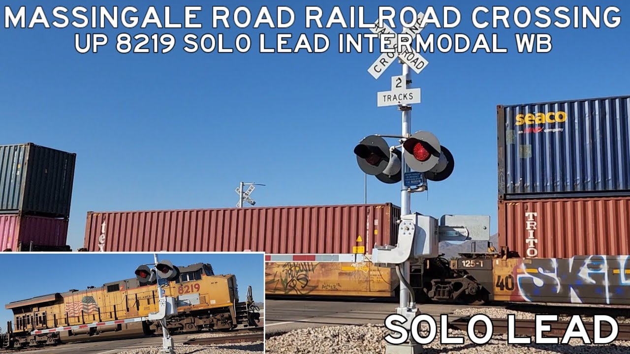 UP 8219 SOLO LEAD Intermodal Train WB, Massingale Road Railroad Crossing, Marana, AZ