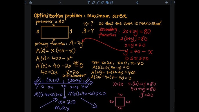 Optimization Problem Maximum Area Using Perimeter Of A Rectangle Differential Calculus Youtube