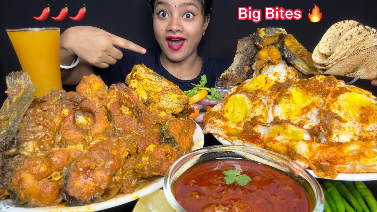 ASMR 🔥 FISH CURRY, SUNNY SIDE UP EGG CURRY,FISH FRIES, WITH SPICY EXTRA GRAVY 🥵 FOOD EATING VIDEOS🌶️