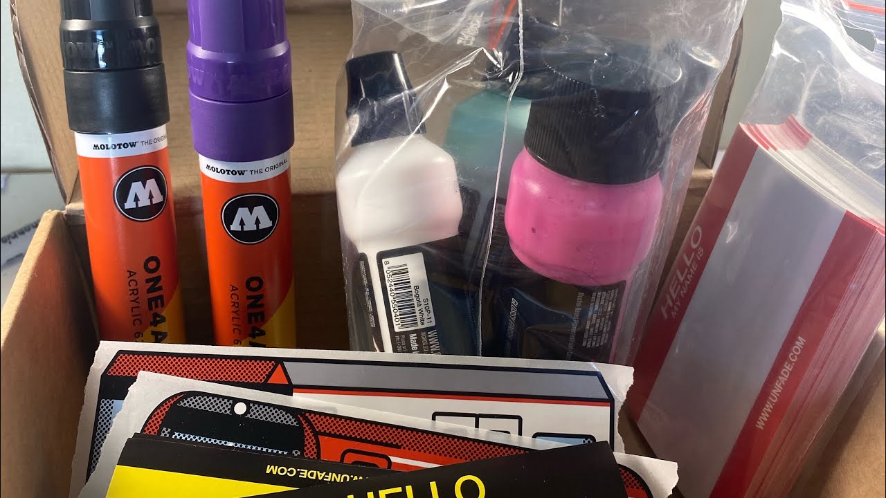 Unboxing a package from unfade( graffiti stickers,pens and grog mops) YouTube