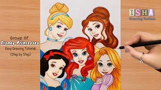 Group of Disney Princesses | Step by step | How to draw Ariel, Belle, Cinderella and more | Drawing screenshot 1