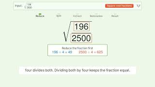 Simplify sqrt(196/2500) - Square Root of a Fraction | Tiger Algebra Solver Guide