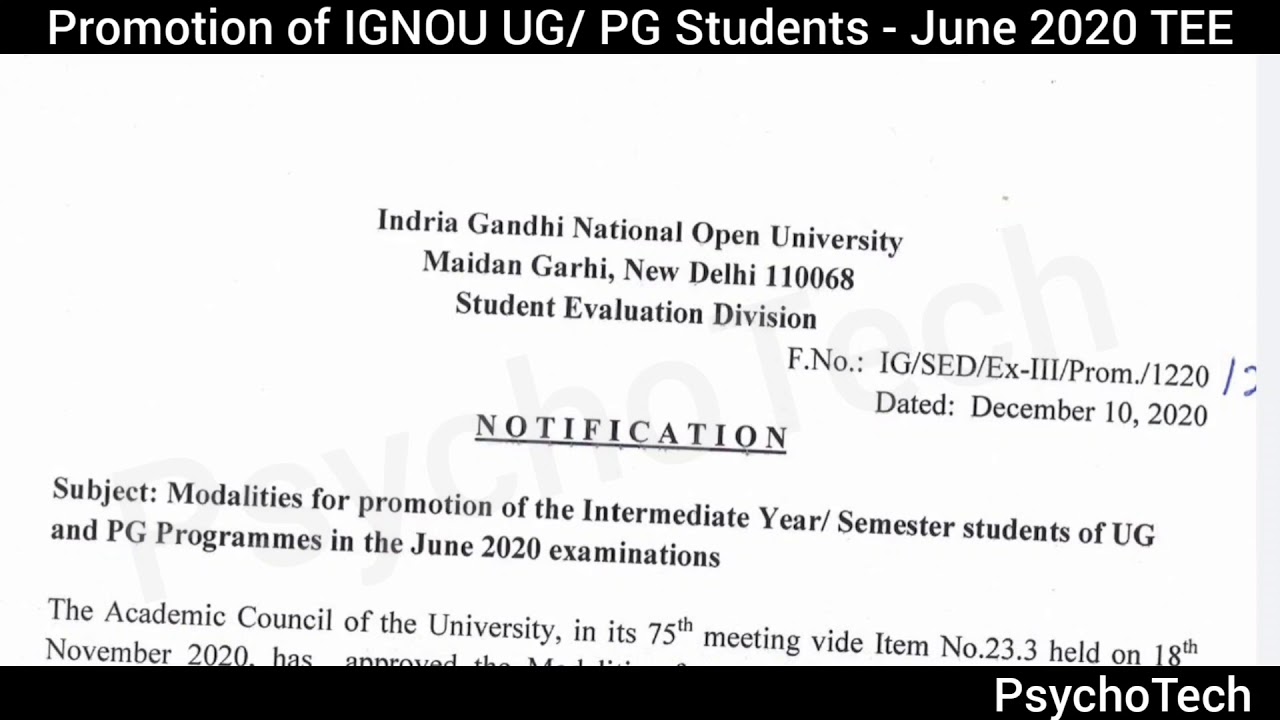 Promotion Of Ignou Intermediate Year Semester Ug Pg Students In June Tee Exam Youtube