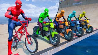 SPIDERMAN MOTORCYCLE CHALLENGE IN THE SKY - FLYING PASS THE SPINNING TIRES