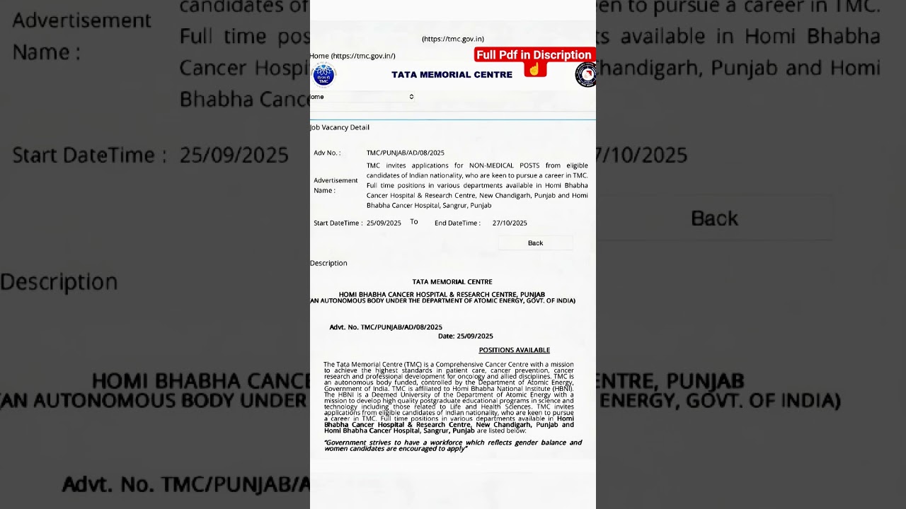 TMC Punjab Recruitment 2025 | 🔥Tata Memorial Centre Vacancy 2025 #shorts