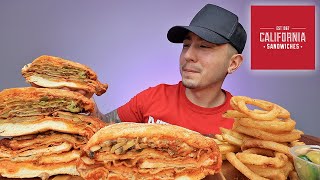 MUKBANG Eating Fried Chicken Cutlet Sandwich With Tomato Sauce + Onion Rings *California Sandwiches*