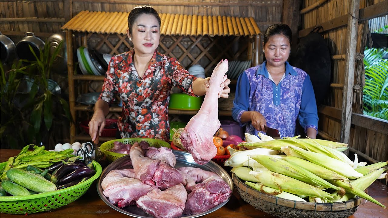Harvest and cooking | Corn, Egglant, cucumber, chili, Wing beans, Pork legs cooking
