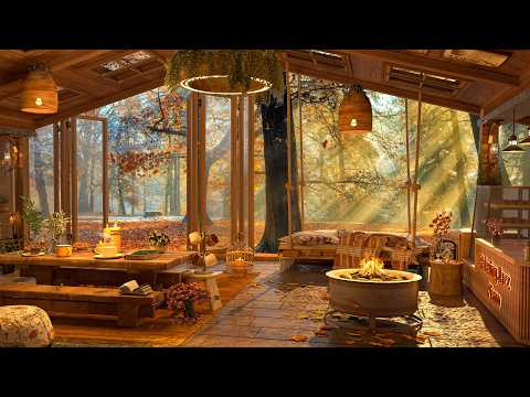 Rainy Coffee Shop Jazz Ambience 🍁🍂 Cozy Fireplace & Soft Fall Jazz for Deep Sleep & Relaxation