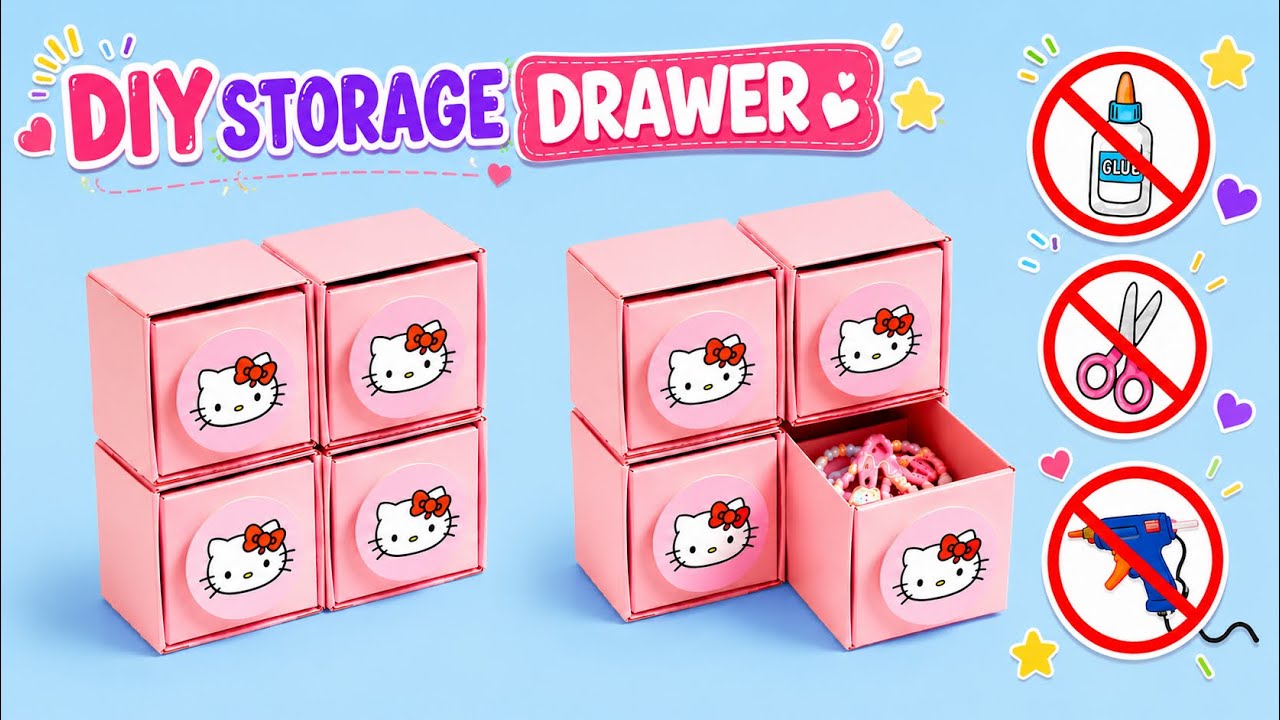 Hello kitty Storage Drawer | No glue No Scissor |Origami School Stationery 😍 DIY Paper Craft