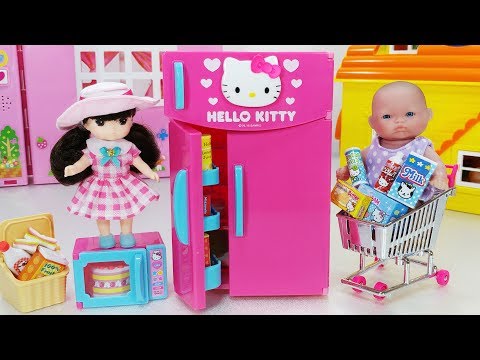 Hello Kitty refrigerator and Baby doll picnic kitchen toys play 헬로키티 꽁꽁 냉장고와 리틀미미 피크닉 뽀로로 아기인형 장난감놀이