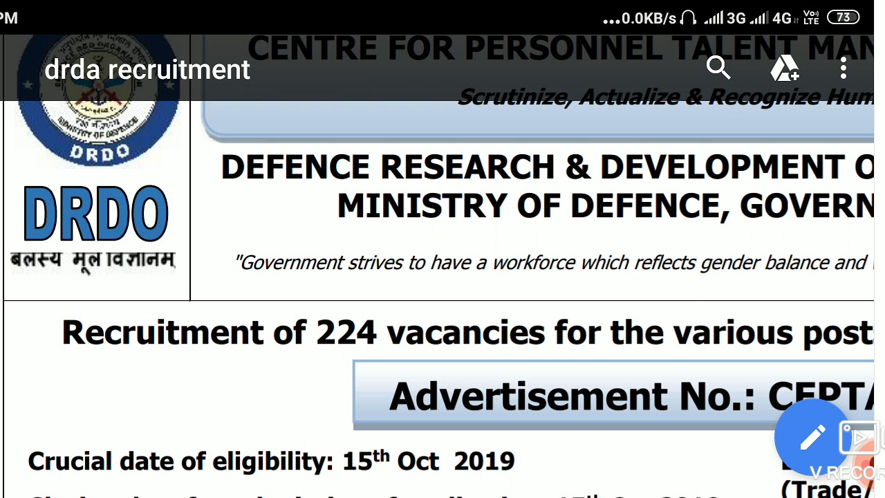 Recruitment in DRDO 2019 recruitment in defence research and development organisation